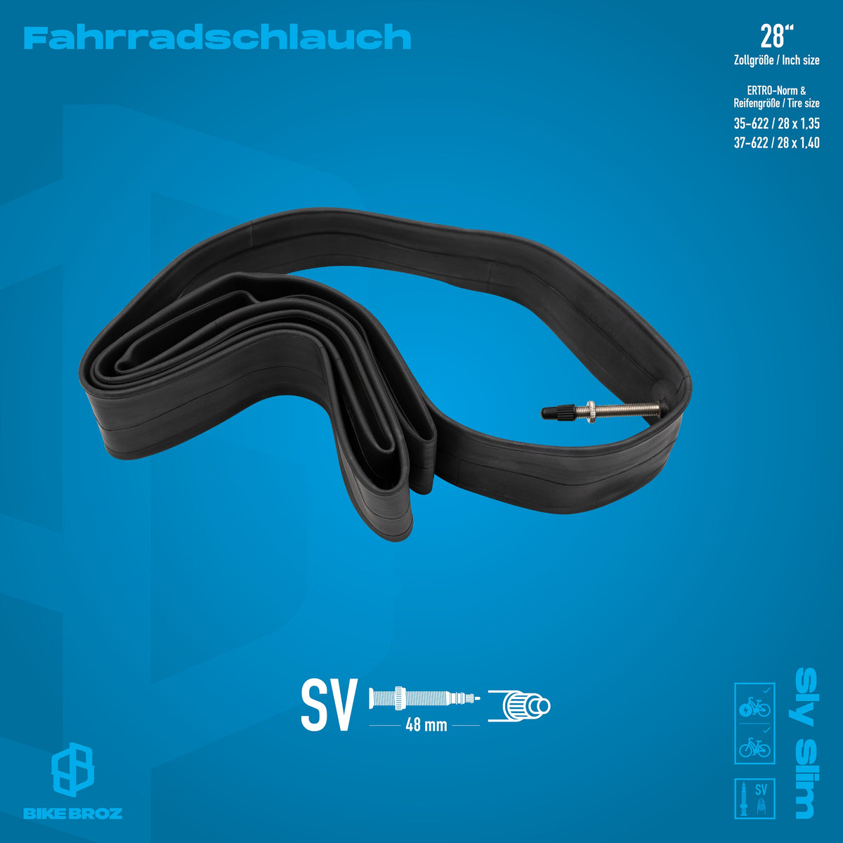 Masse und Eigenschaften von Fahrradschlauch 28 Zoll und SV Ventil.