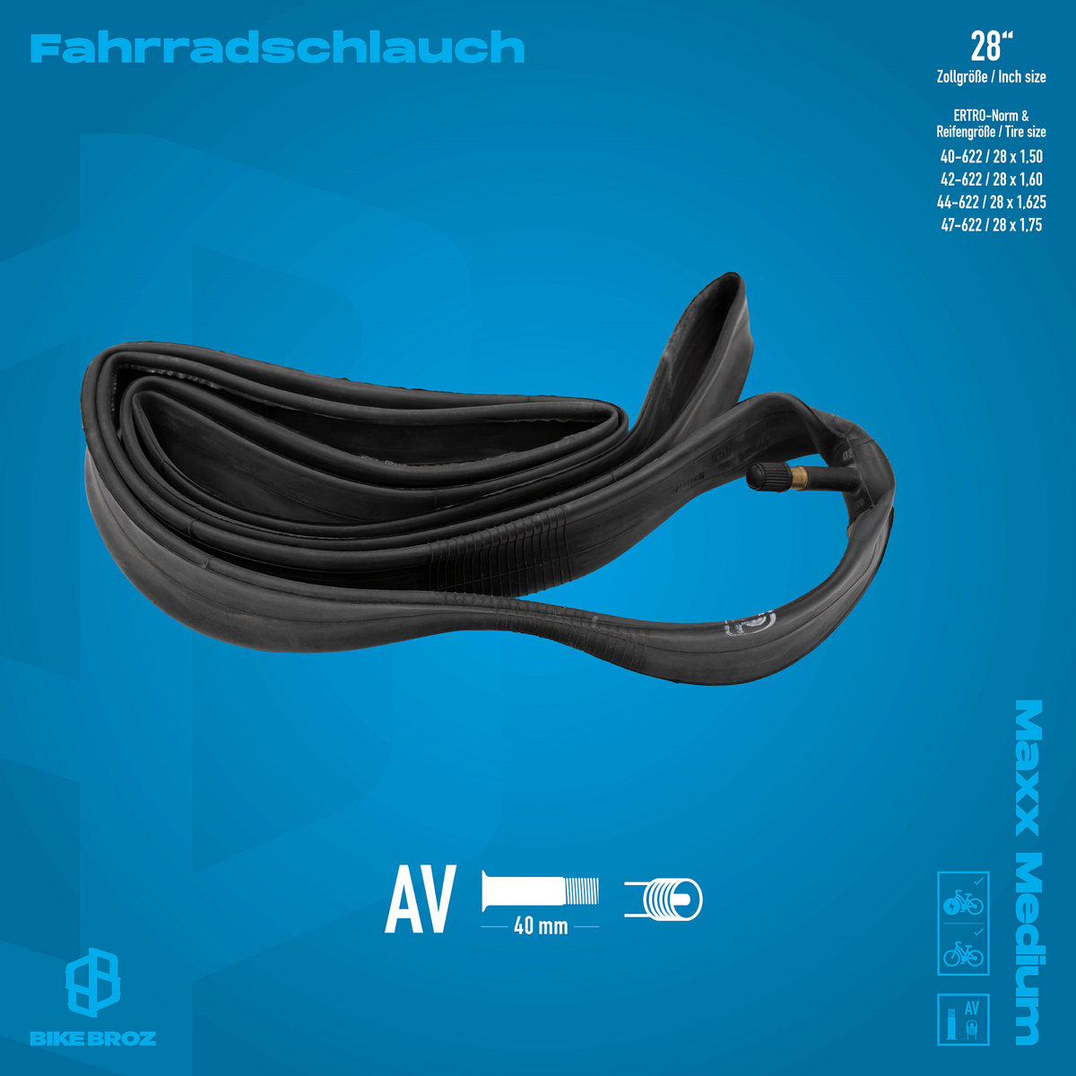 Masse und Produkteigenschaften von Fahrradschlauch von BikeBroz.