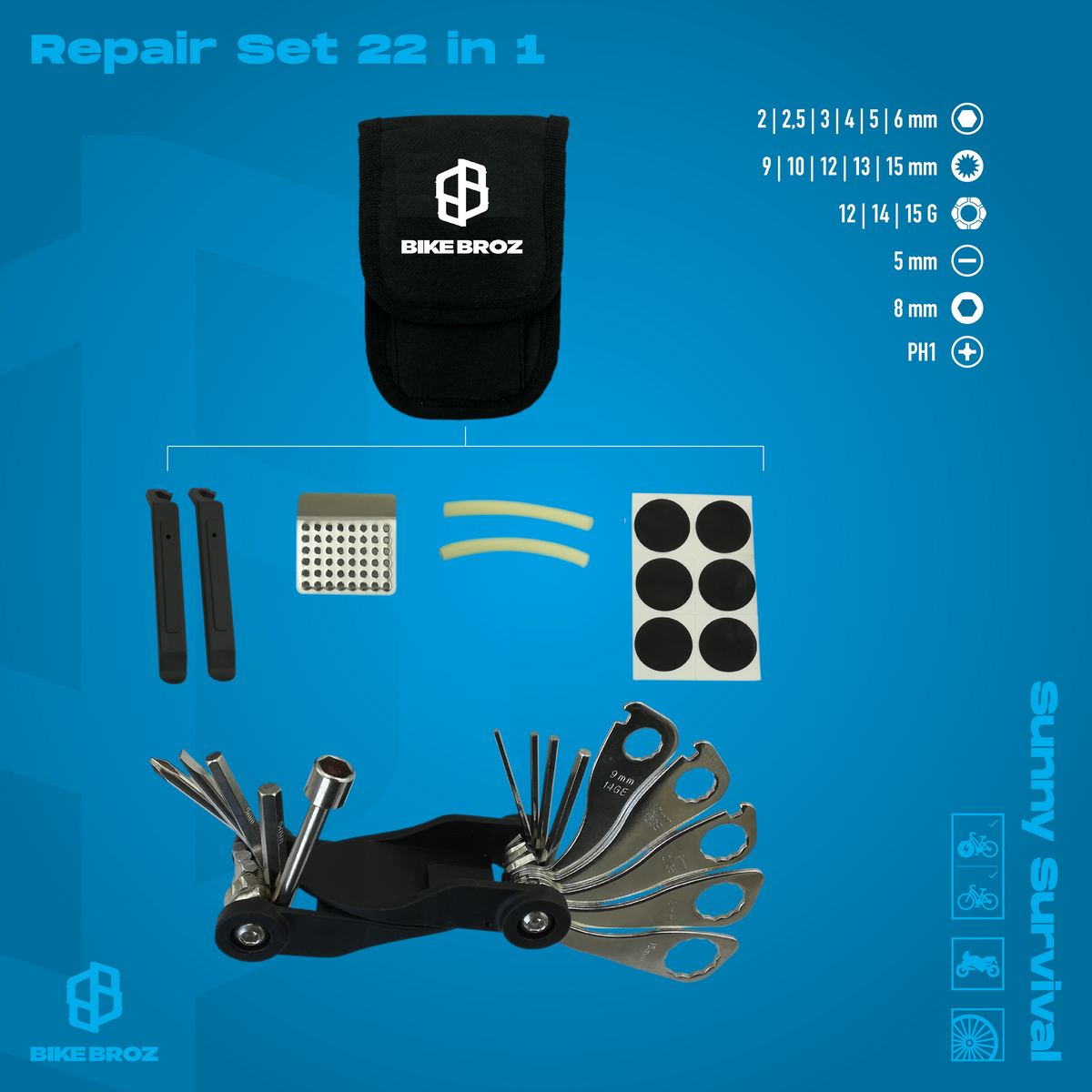 Masse und Eigenschaften von fahrradwerkzeug-Set.