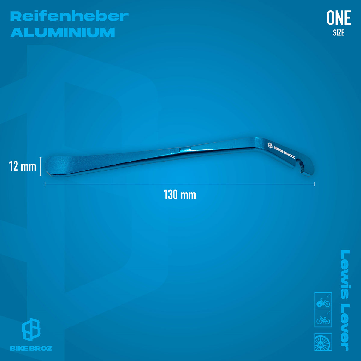 Masse von Reifenheber für Fahrräder aus Alluminium.