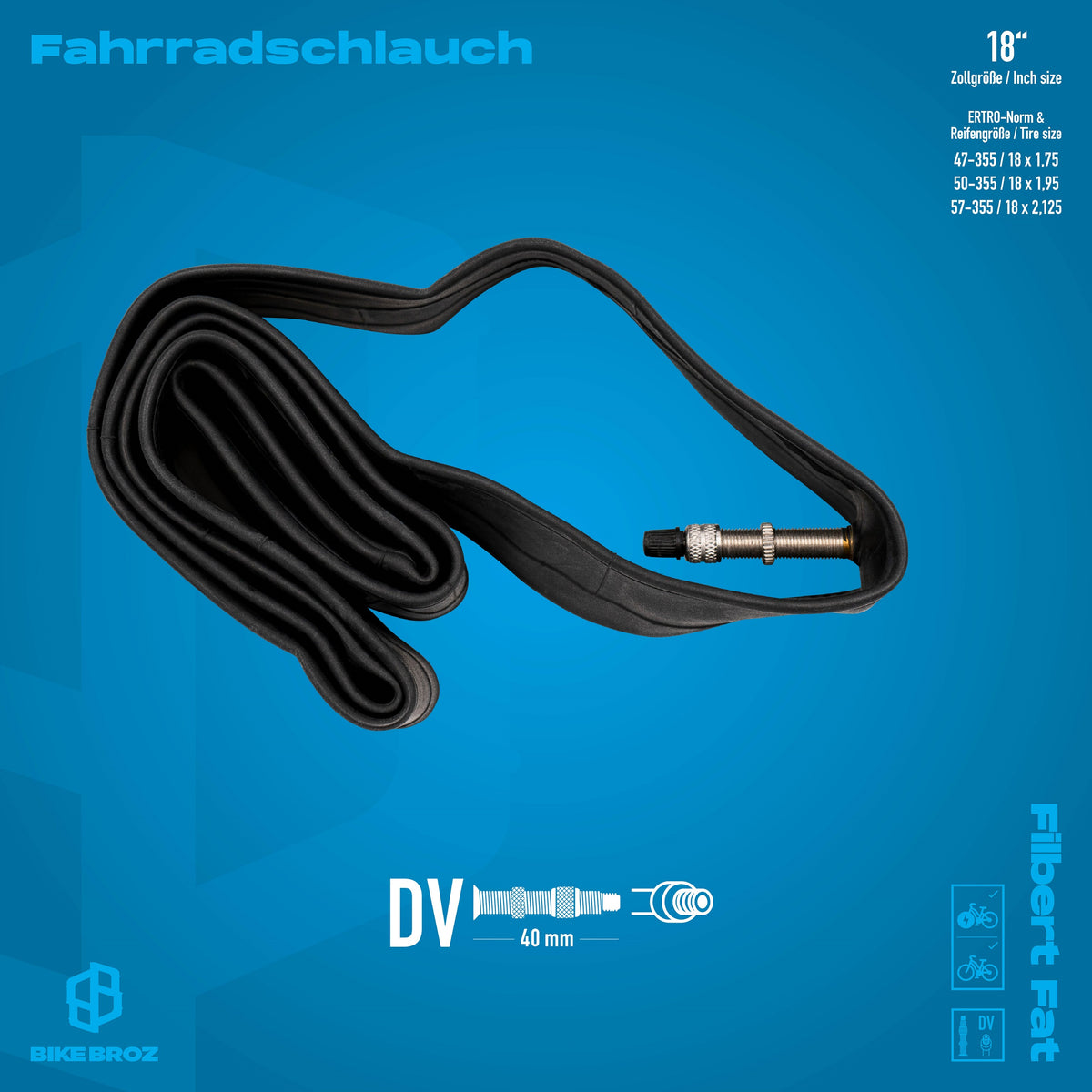 Masse und Eigenschaften von Fahrradschlauch mit DV Ventil 18 Zoll.