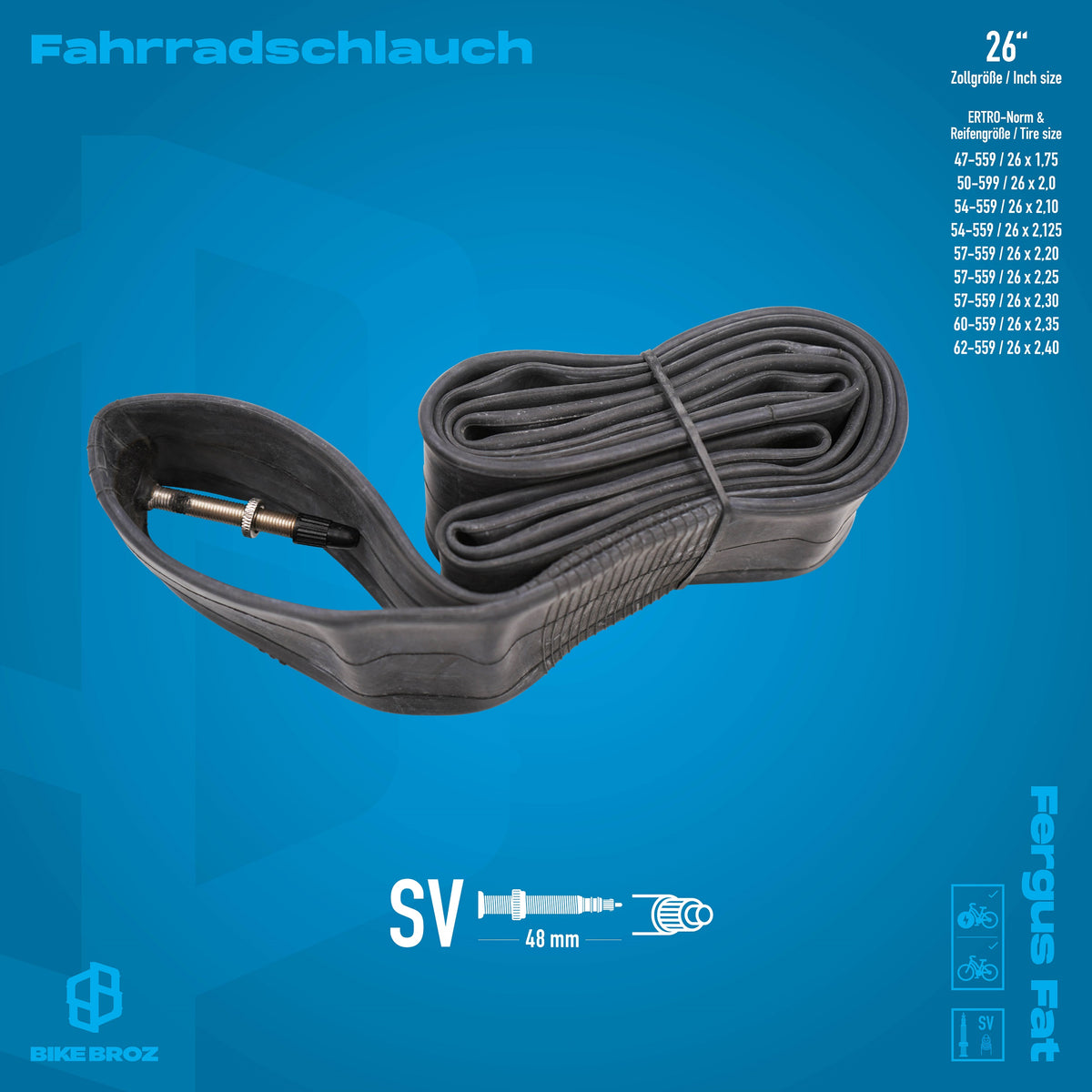 Masse und Eigenschaften von Fahrradschlauch mit SV Ventil mit 26 Zoll.