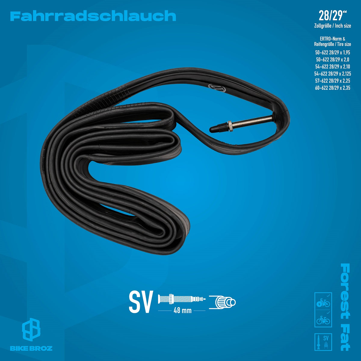 Masse und Eigenschaften von Fahrradschlauch mit SV Ventil .