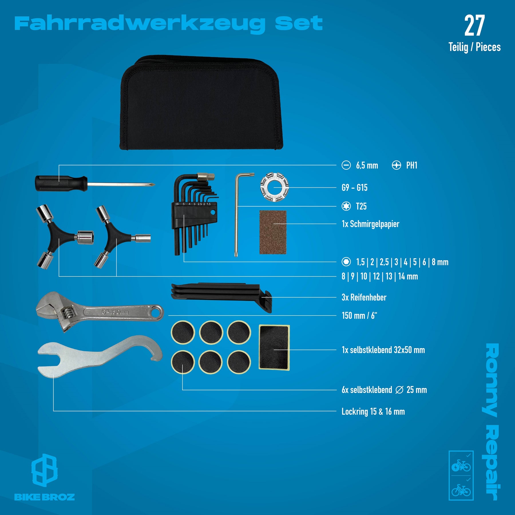 Masse und Eigenschaften von Fahrradwerkzeug-Set auf blauen Hintergrund.