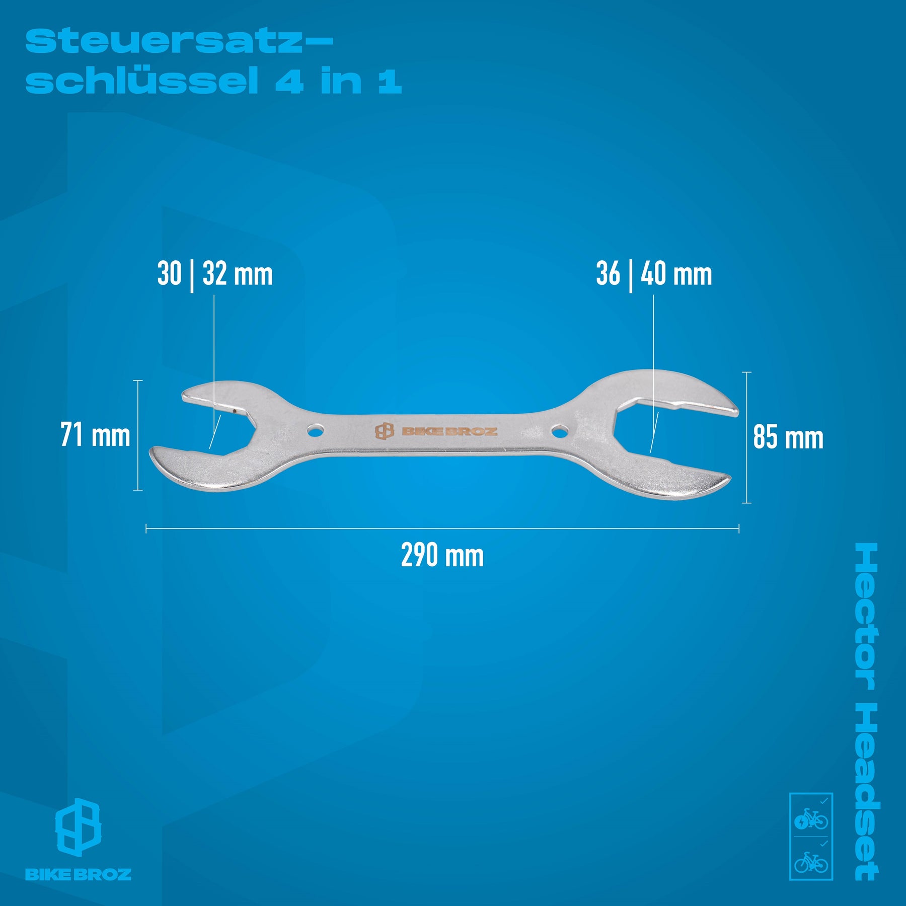 Masse und Eigenschaften von Steuersatzschlüssel für Fahrräder.