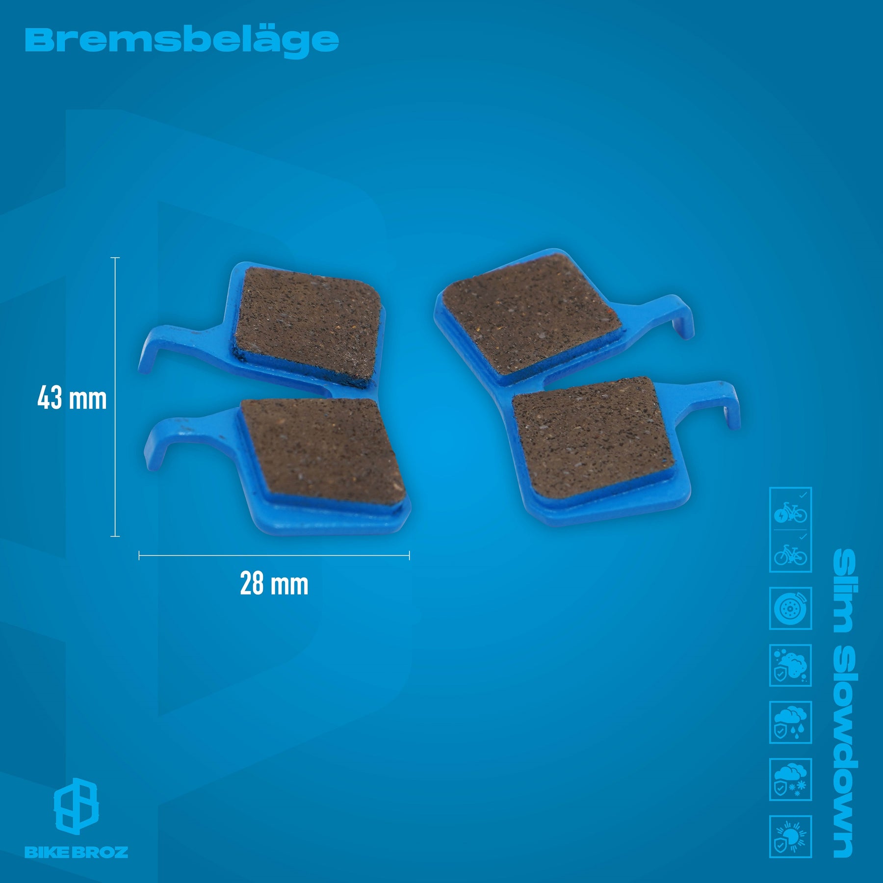 Masse und Eigenschaften von Bremsbelaegen auf blauen Hintergrund.