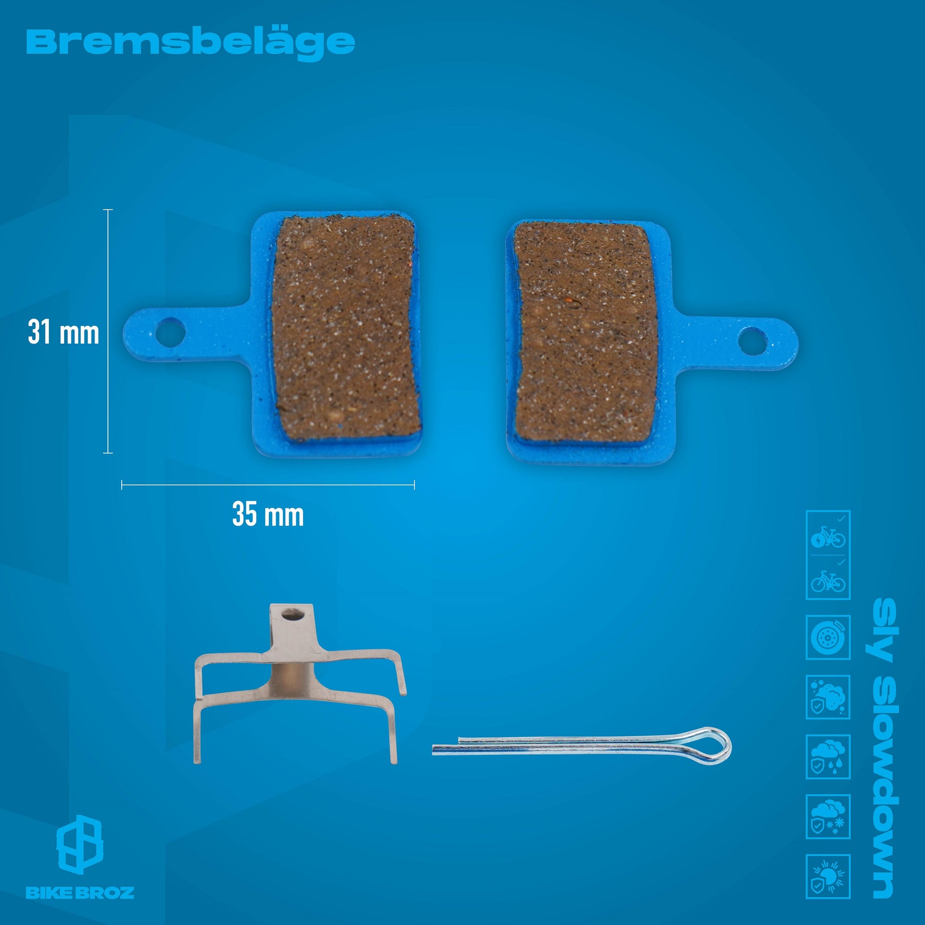 Masse und Eigenschaften von Bremsbelägen auf blauen Hintergrund.