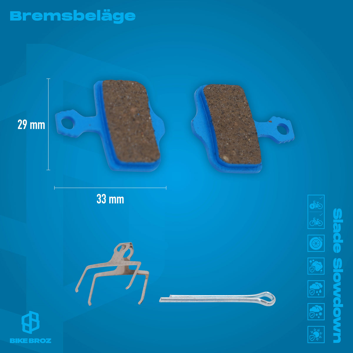 Masse und Eigenschaften von Bremsbelegen auf blauen Hintergrund.