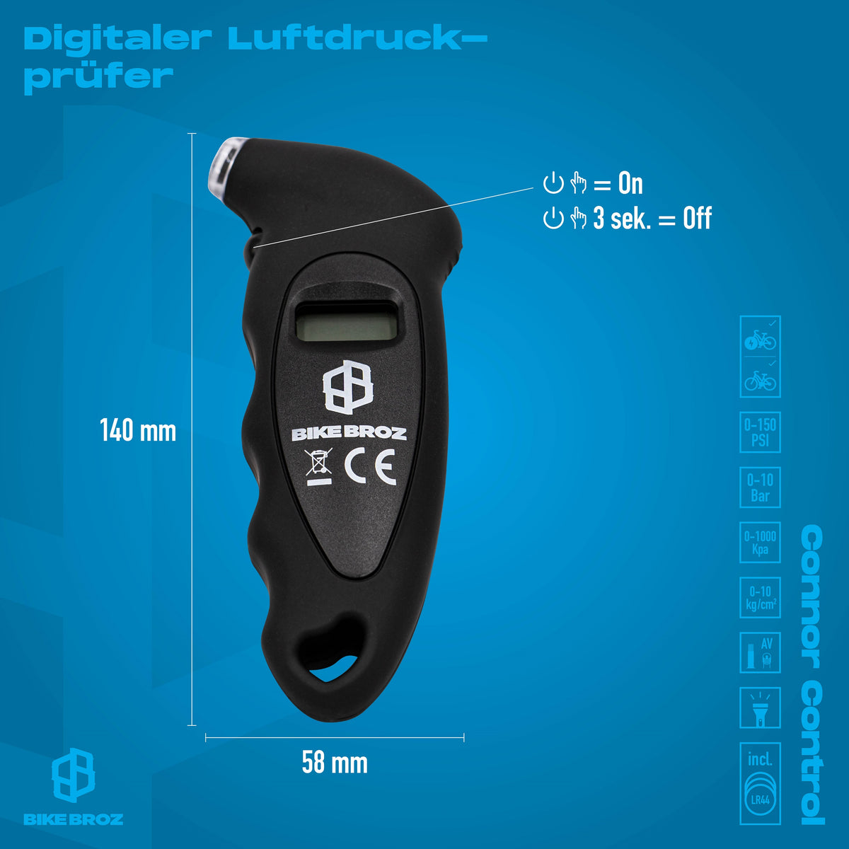 Masse und Eigenschaften von digitalen Luftdruckkompressor.