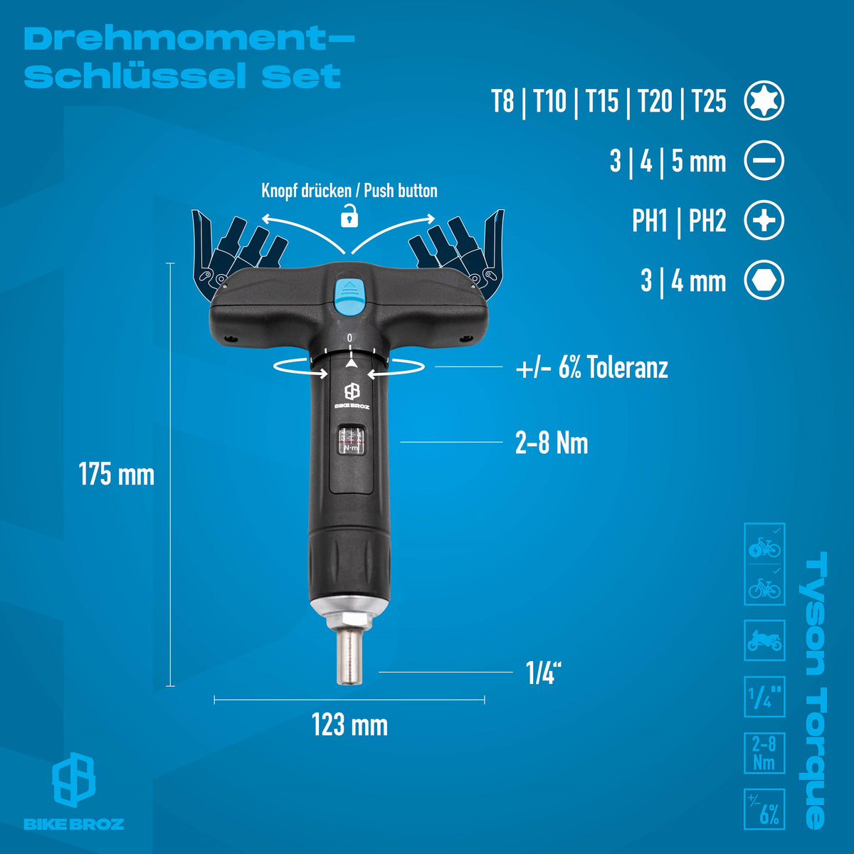 Produktmasse und Eigenschaften des Drehmomentschlüssels mit T-Griff.