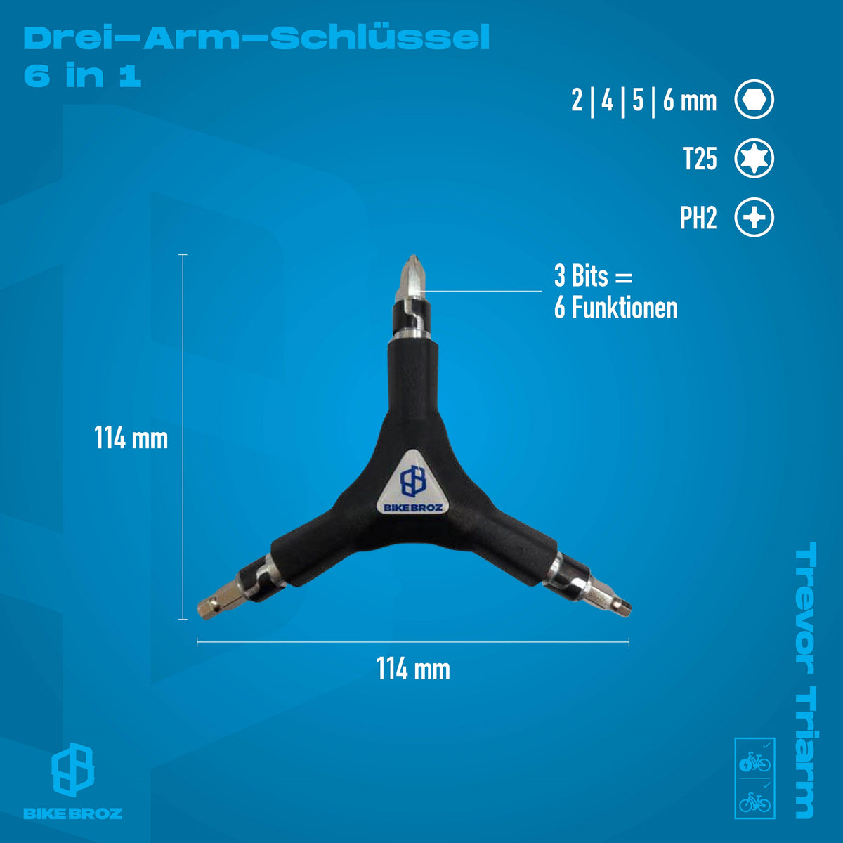 Masse und Eigenschaften von drei-Arm-Schlüssel mit bithalter.
