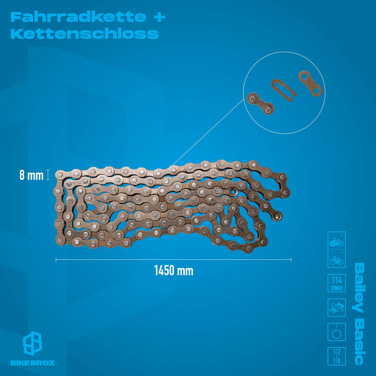 Masse und Eigenschaften von Einfachkette mit 114 Kettengliedern.