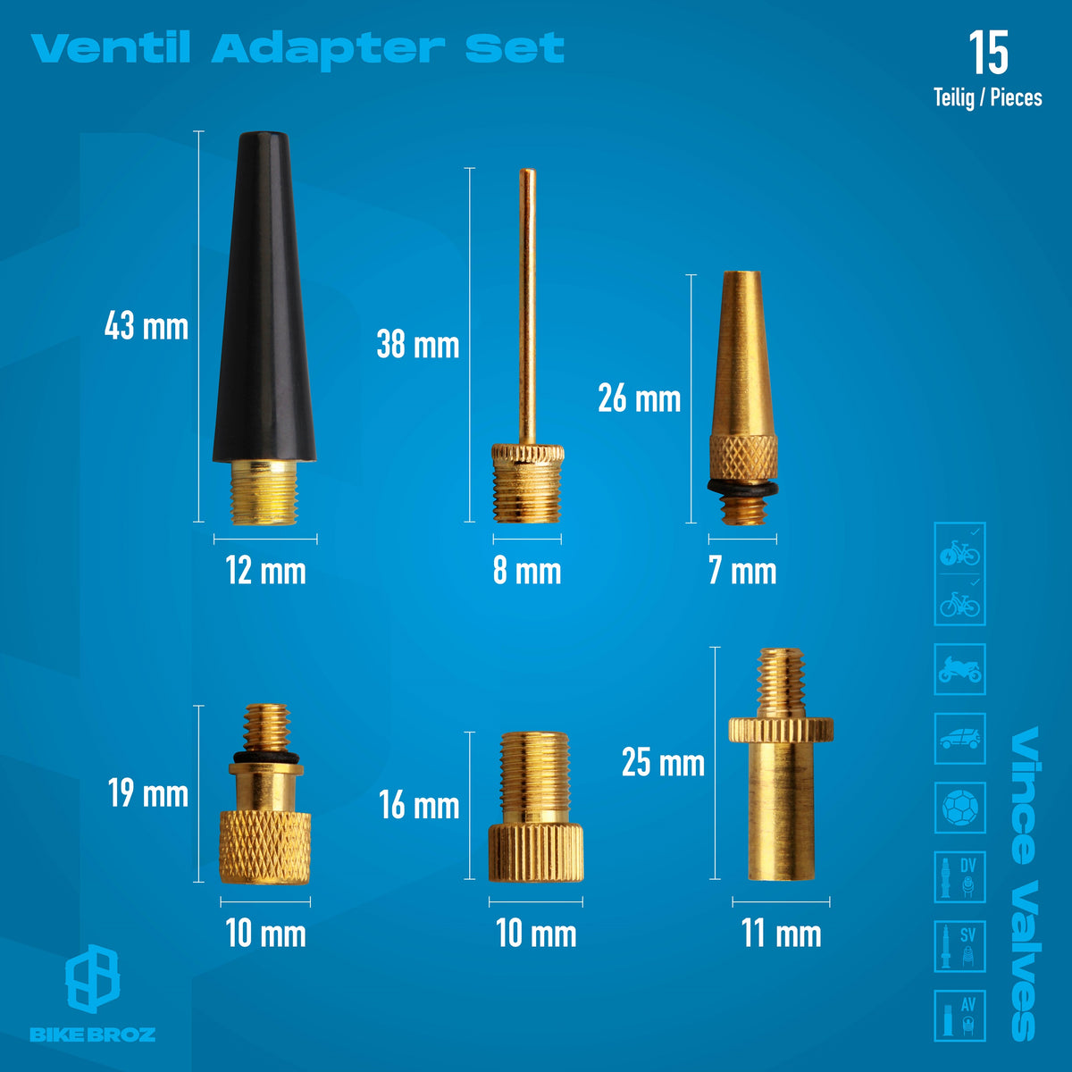 Masse und Dimensionen von Fahrrad-Ventilen inklusive Dichtring.