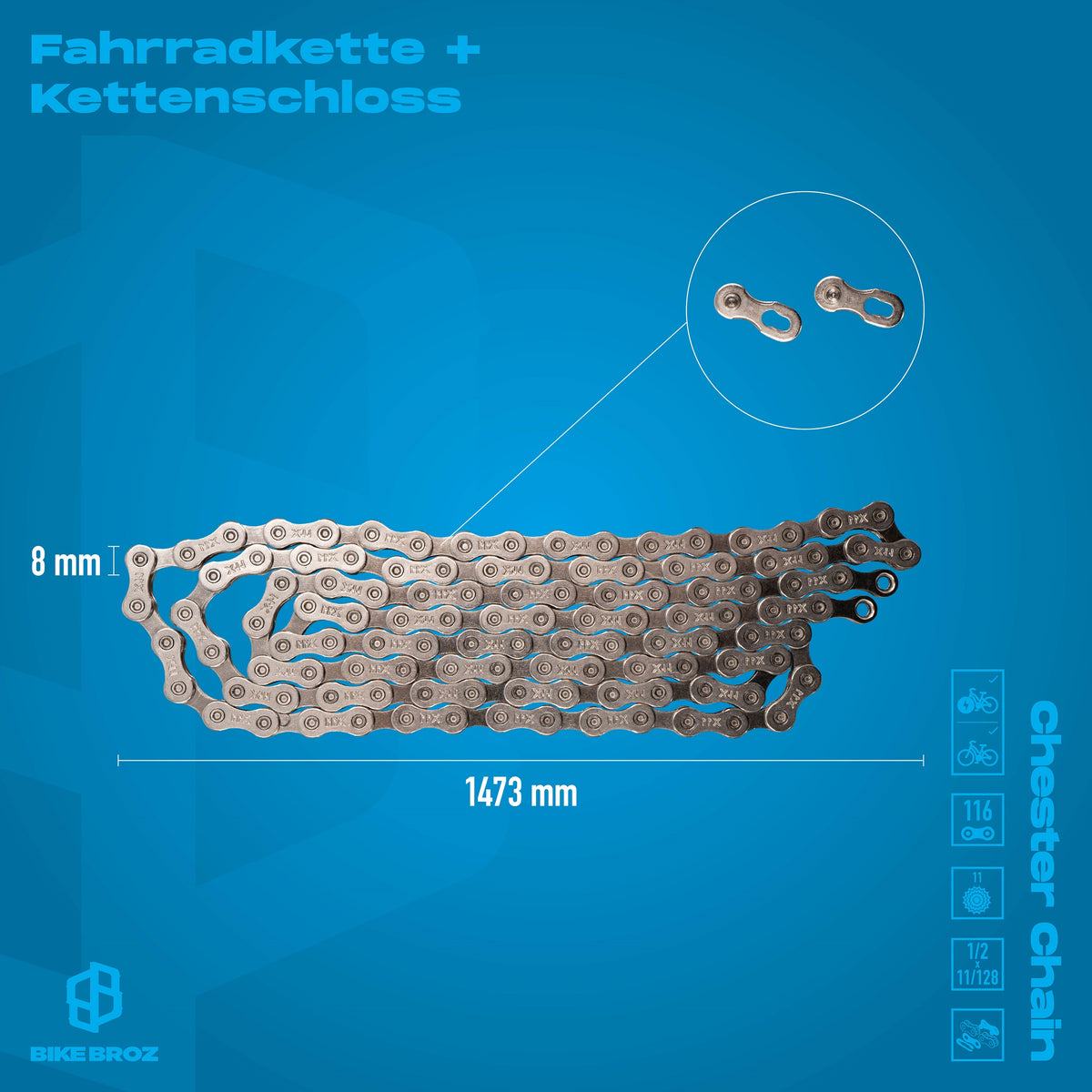 Masse und Eigenschaften von 11-Fach-Kette mit 116 Kettengliedern.
