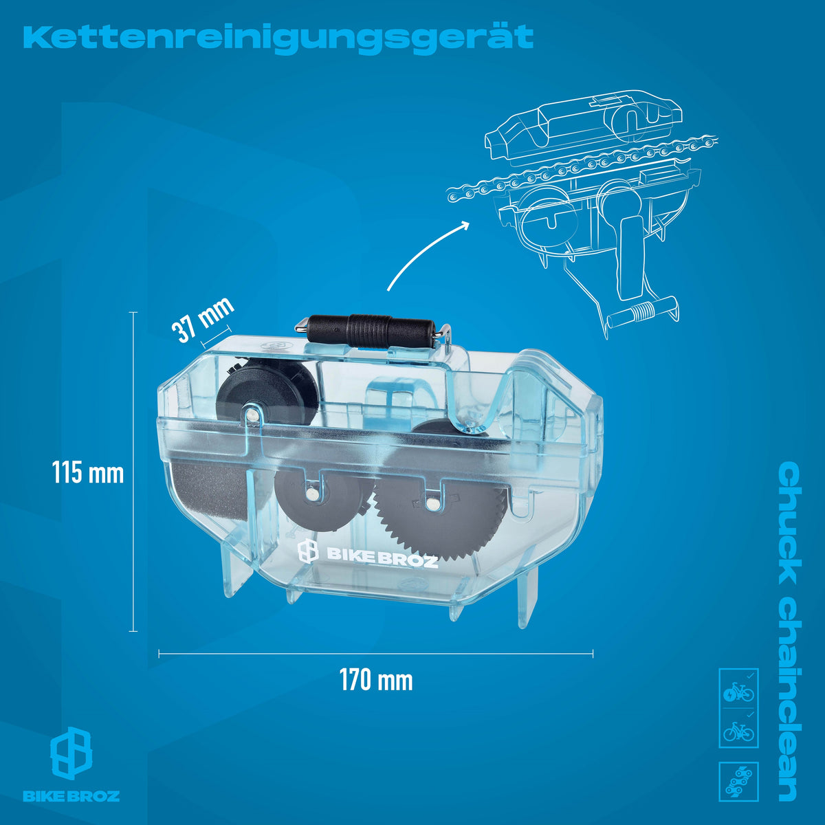 Masse und Eigenschaften von Kettenreinigungsgerät.