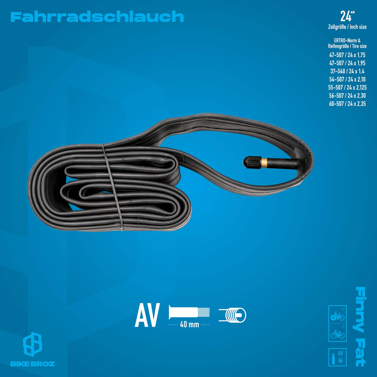 Masse und Eigenschaften von Fahrradschlauch mit AV Ventil 24 Zoll.