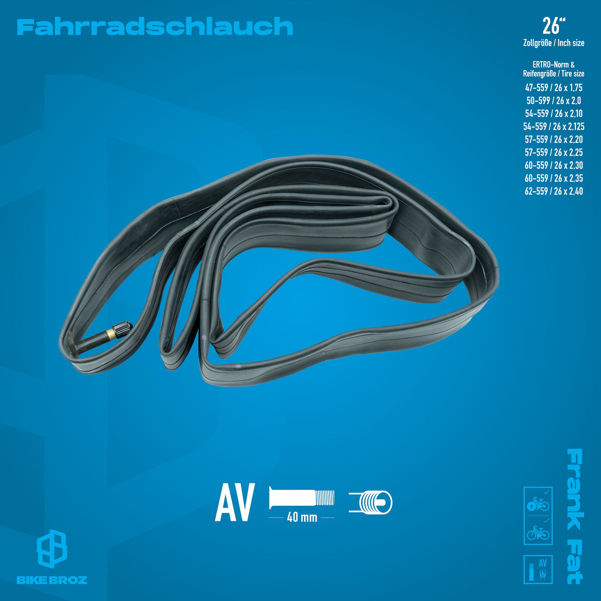 Masse und Eigenschaften von Fahrradschlauch mit AV Ventil 26 Zoll.