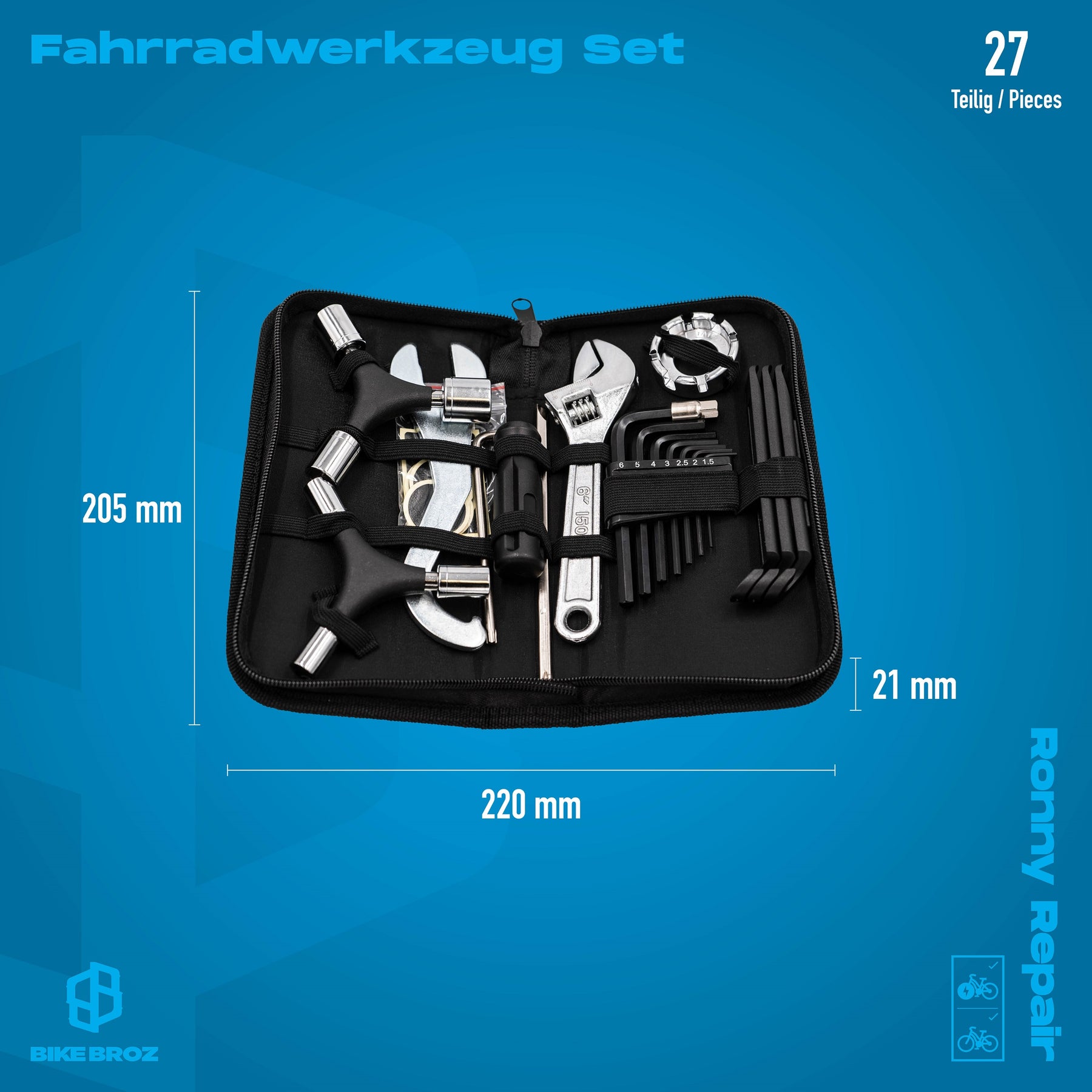 Masse und Eigenschaften von Fahrradwerkzeugen in der Tasche.