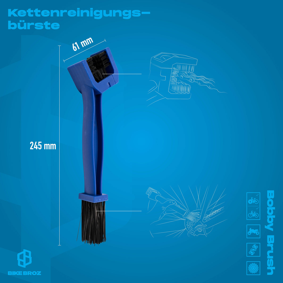 Masse und Anwendungsbild von Kettenreinigungsbürste.