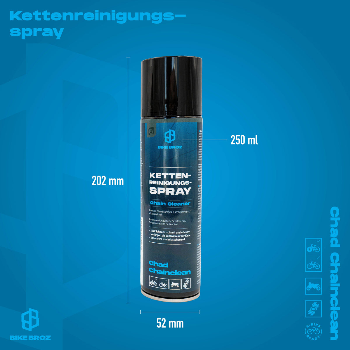 Dimensionen und Eigenschaften von Kettenreinigungsspray.