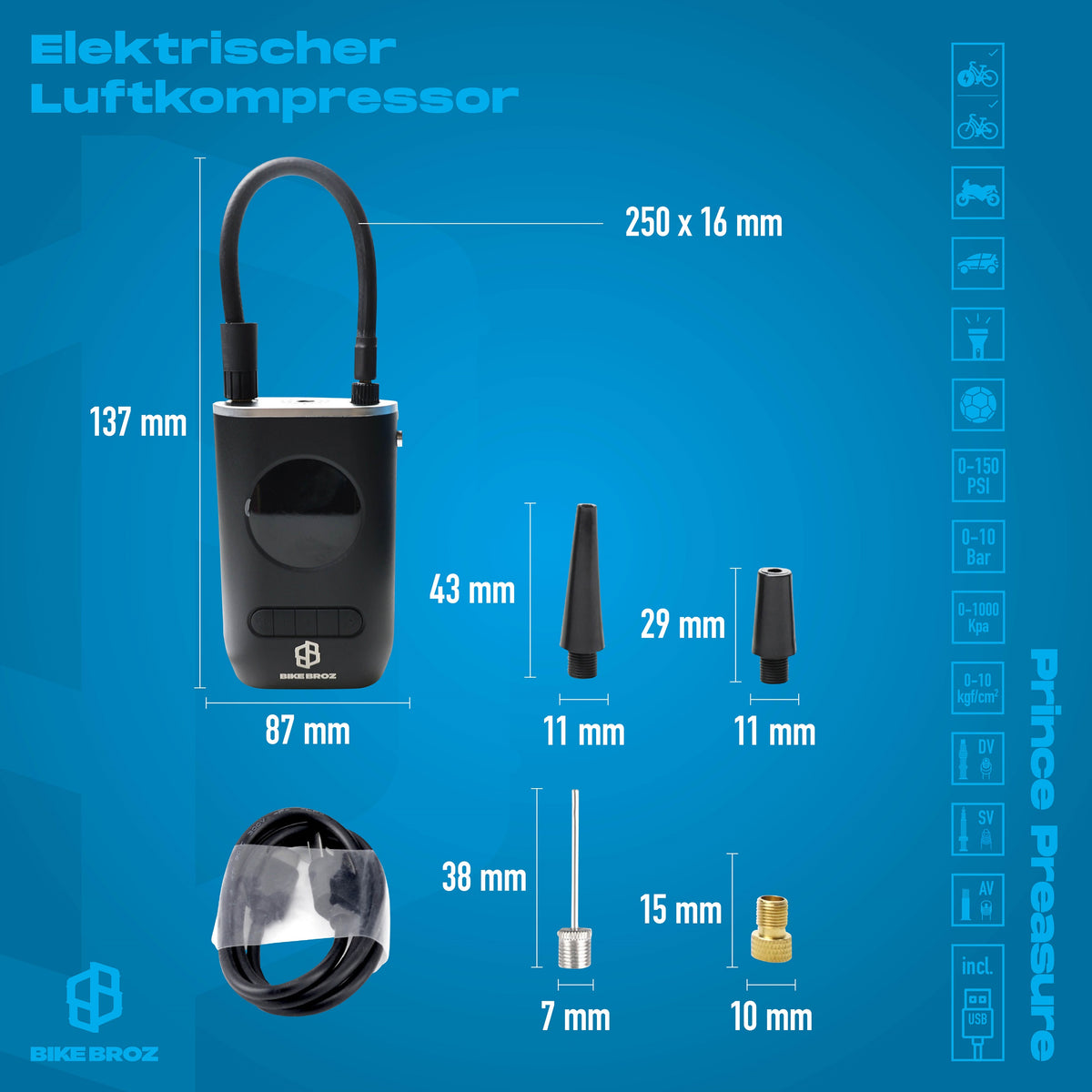 Masse und Eigenschaften von Luftdruckkompressor.