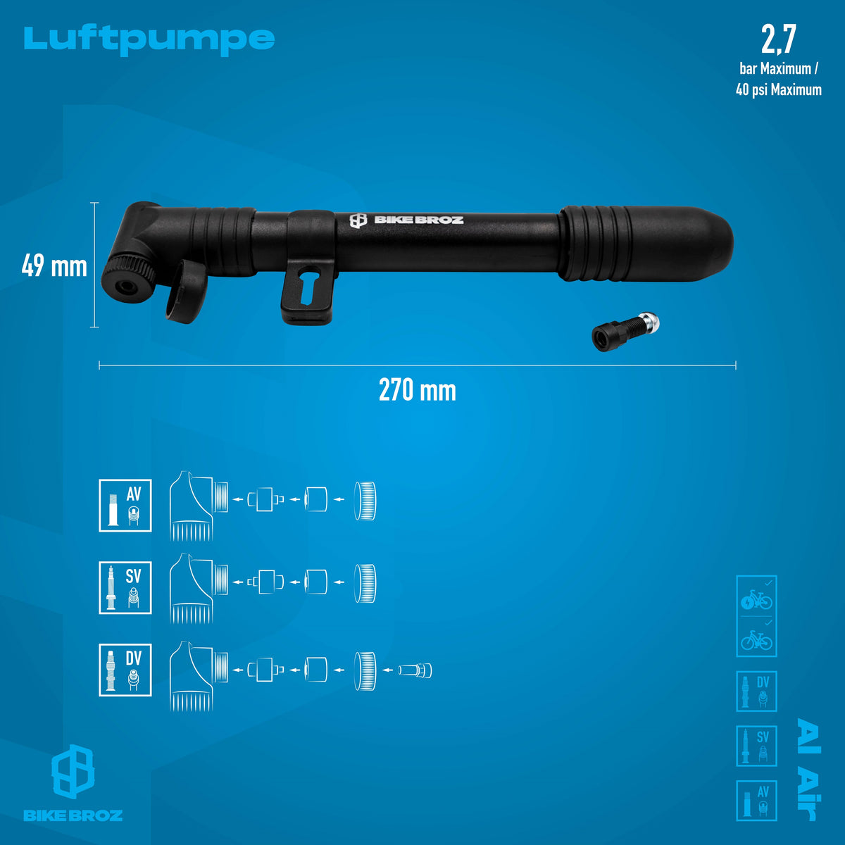 Dimensionsbilder von Luftpumpe mit Fahrradhalter.