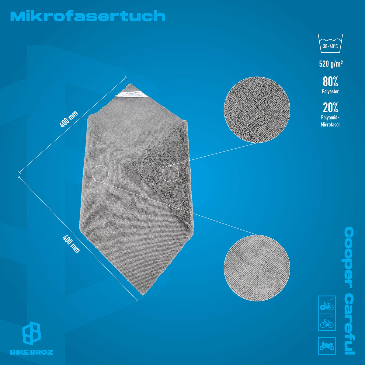 Masse und Eigenschaften von Mikrofasertuch für Fahrräder.