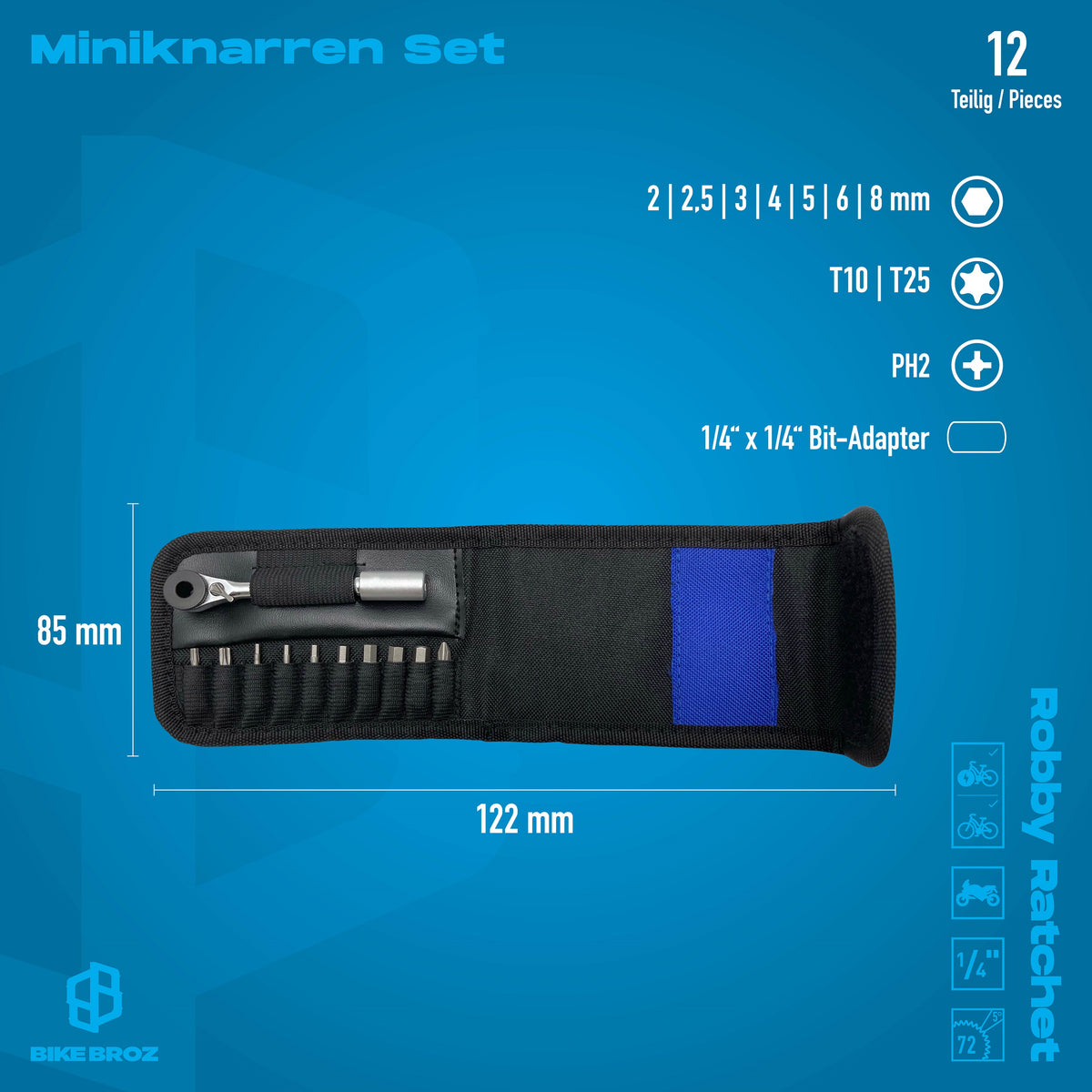 Masse und Eigenschaften von Miniknarren-Set in Tasche