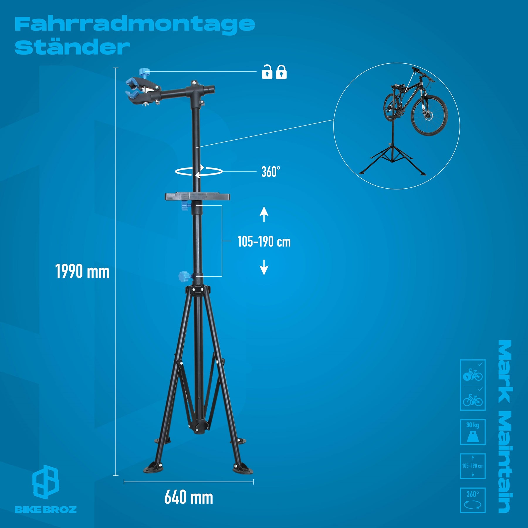 Masse und Eigenschaften von Montageständer für Fahrradreperaturen.