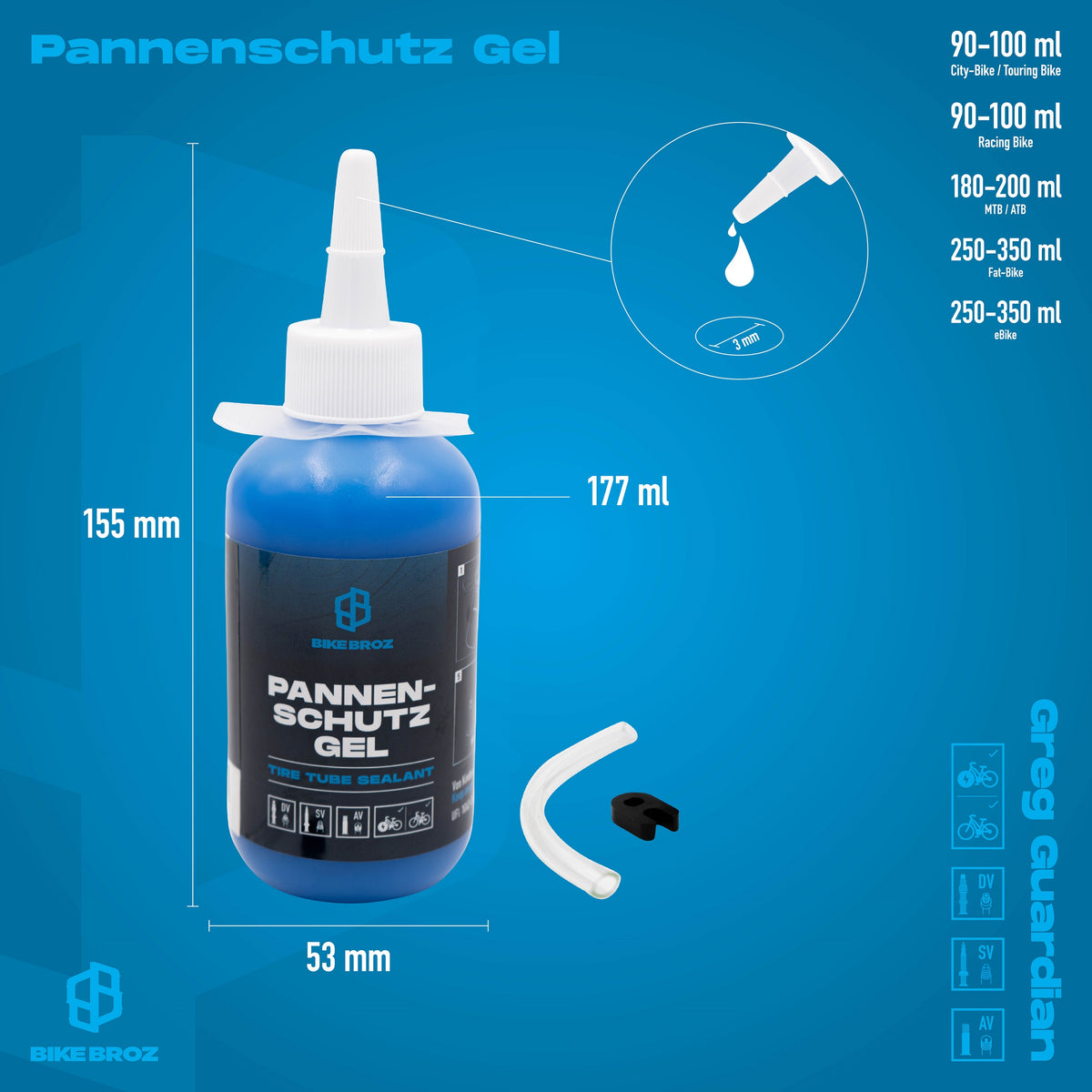 Masse und Eigenschaften von Pannenschutzgel von BikeBroz.