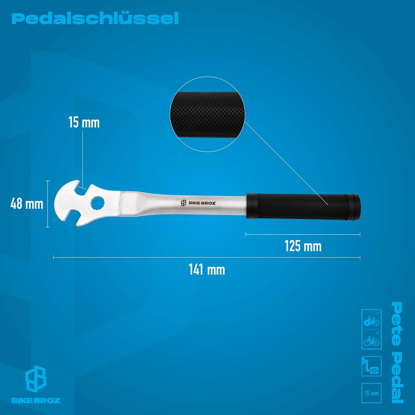 Masse und Eigenschaften von Pedalschlüssel auf blauem Hintergrund.