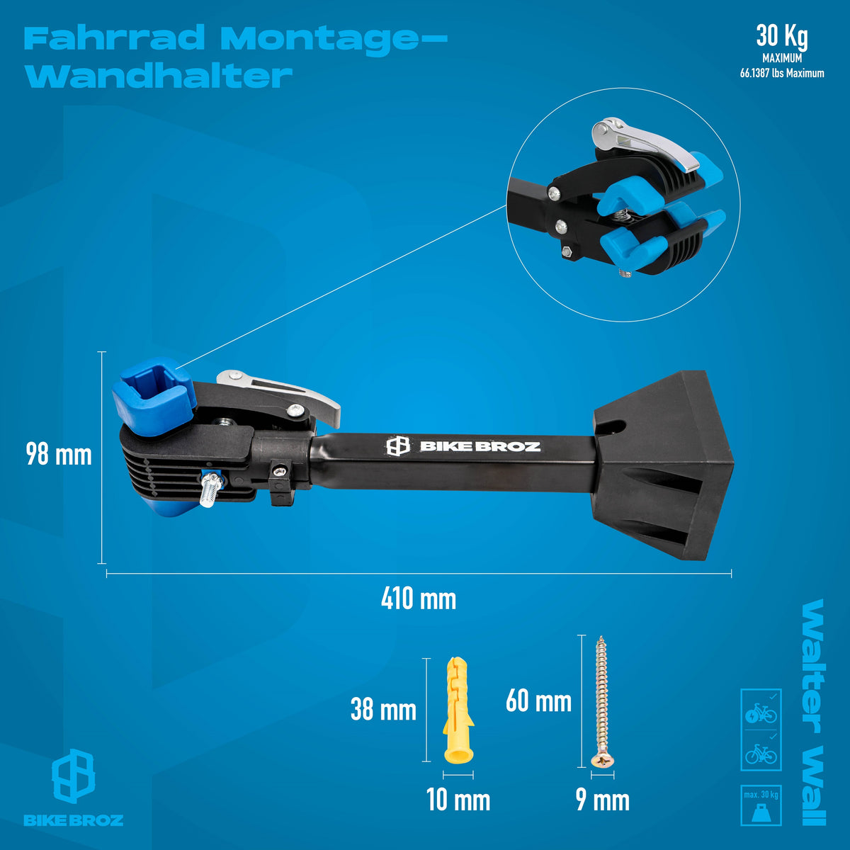 Masse und Eigenschaften von Wandhalterung für Fahrräder.