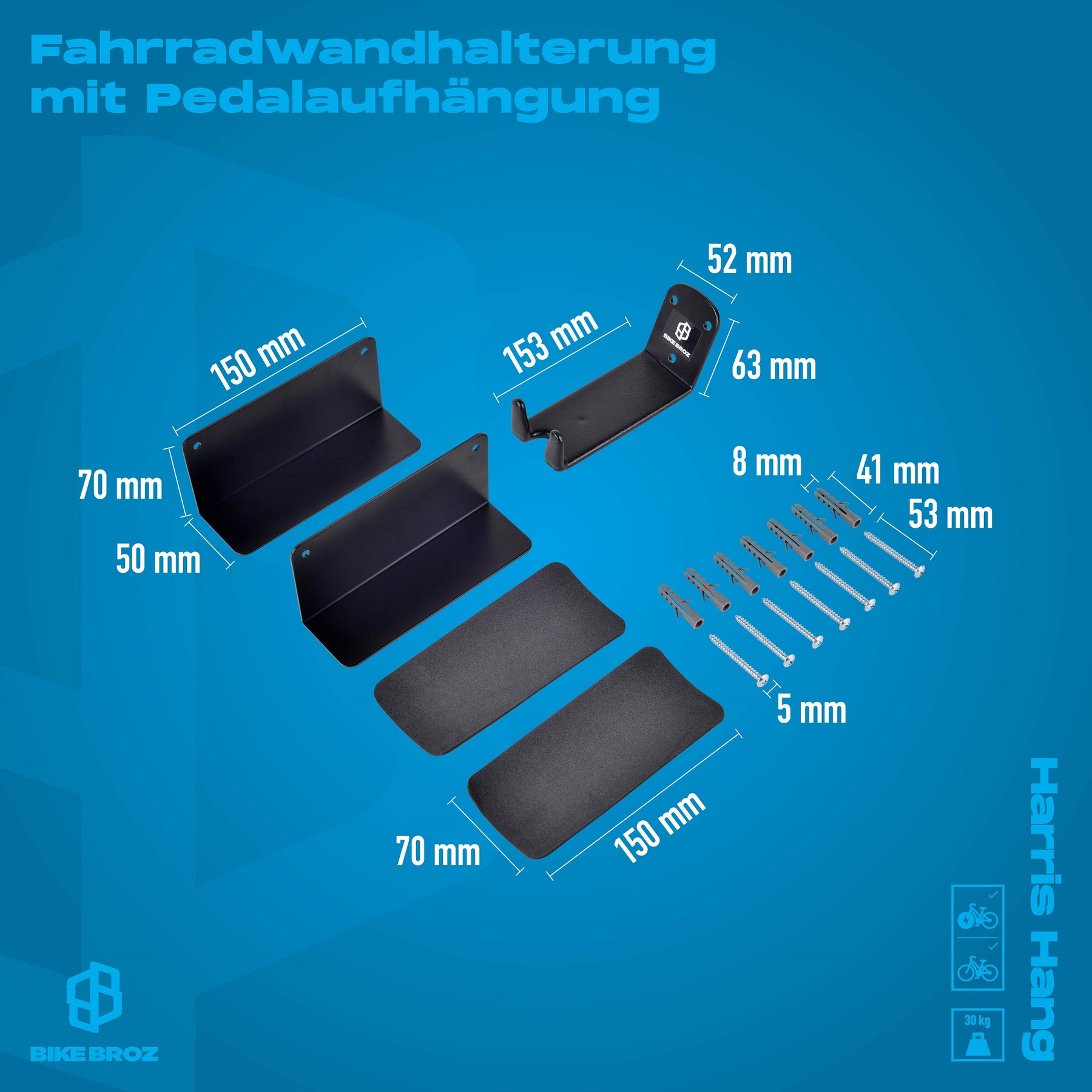 Masse und Dimensionen von Wandhalterung mit Pedalaufhängung.