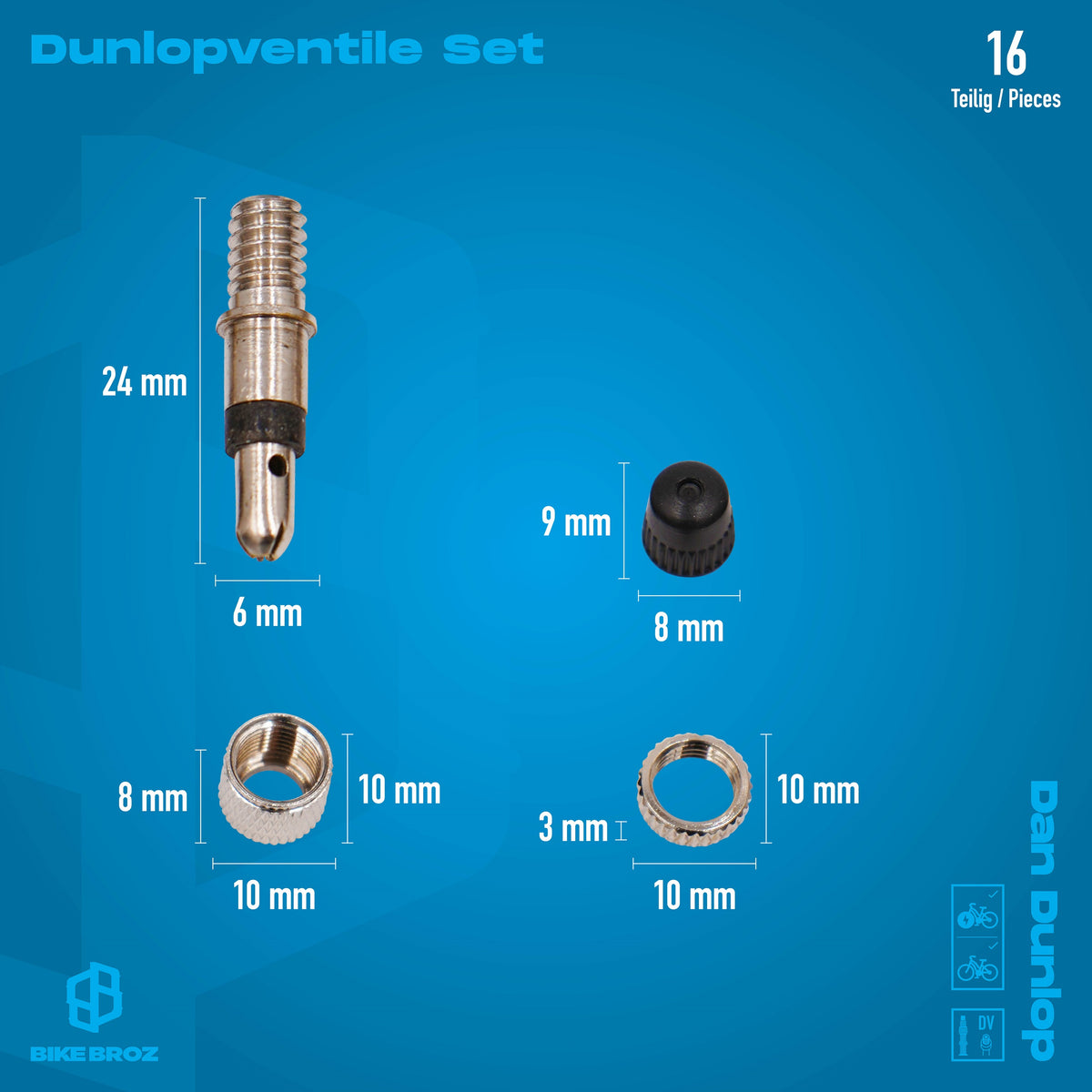 Masse uns Eigenschaften von Zubehör-Set DV-Ventile von Fahrrädern.