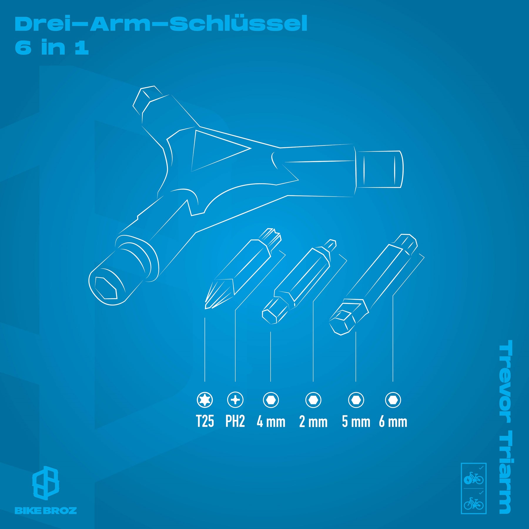 Eigenschaften von Dre-Arm-Schlüssel mit Bithalter.