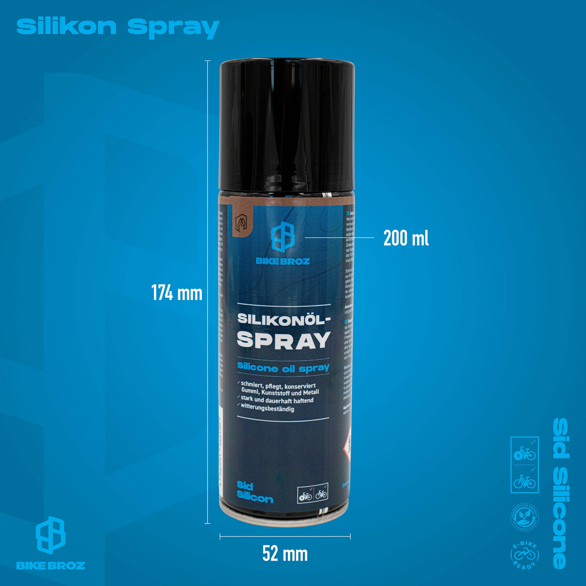 Masse und Eigenschaften von Silikonöl-Spray von BikeBroz.